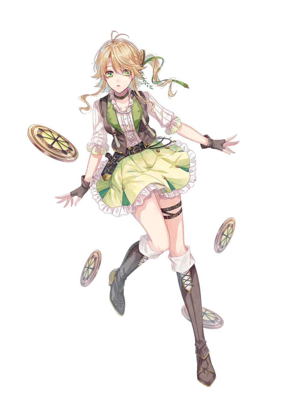 1girl blonde_hair boots dress food_fantasy full_body green_eyes highres looking_at_viewer margarita_(food_fantasy) mokoppe official_art pale_skin second-party_source side_ponytail wavy_hair
