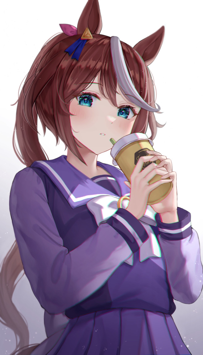 1girl akatsuki_(pixiv23539542) animal_ears bangs blue_eyes blush brown_hair commentary_request cup disposable_cup drinking_straw eyebrows_visible_through_hair gradient gradient_background grey_background hair_between_eyes holding holding_cup horse_ears horse_girl horse_tail long_hair long_sleeves looking_at_viewer multicolored_hair parted_lips pleated_skirt ponytail purple_shirt purple_skirt school_uniform shirt skirt solo streaked_hair tail tokai_teio_(umamusume) tracen_school_uniform umamusume very_long_hair white_background white_hair