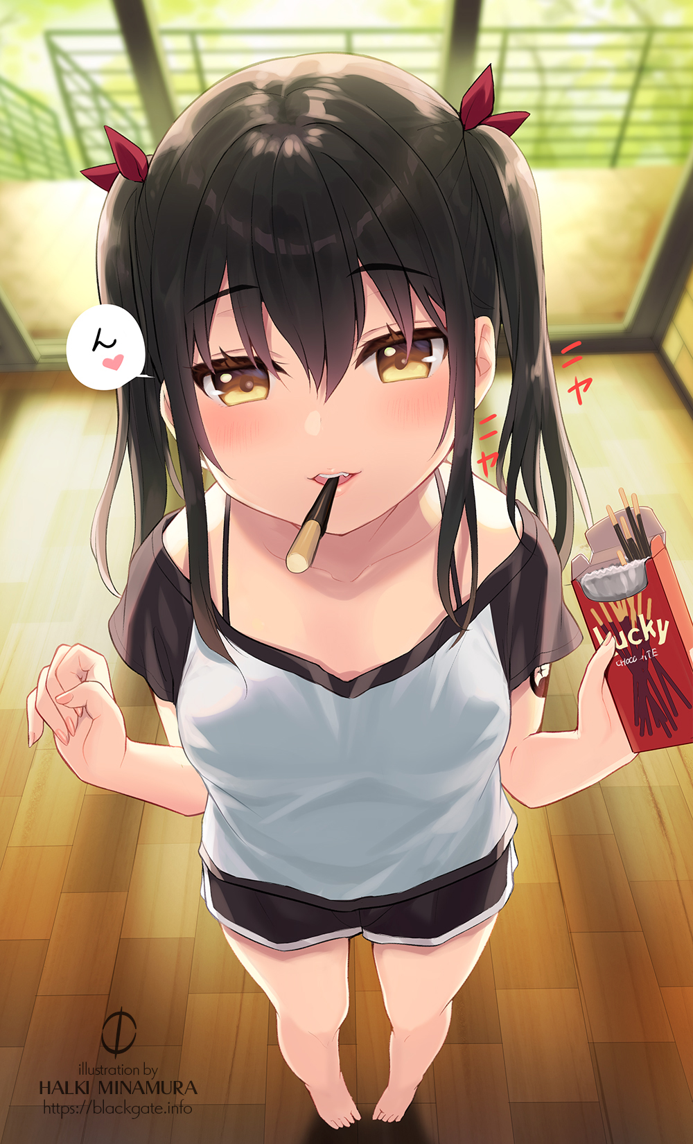 1girl artist_name bangs barefoot black_hair black_shorts blurry blurry_background blush brown_eyes commentary_request depth_of_field eyebrows_visible_through_hair food food_in_mouth hair_between_eyes hair_ribbon highres indoors long_hair looking_at_viewer minamura_haruki mouth_hold original parted_lips pocky red_ribbon ribbon shirt short_shorts shorts sidelocks smile solo standing translation_request twintails watermark web_address white_shirt wooden_floor