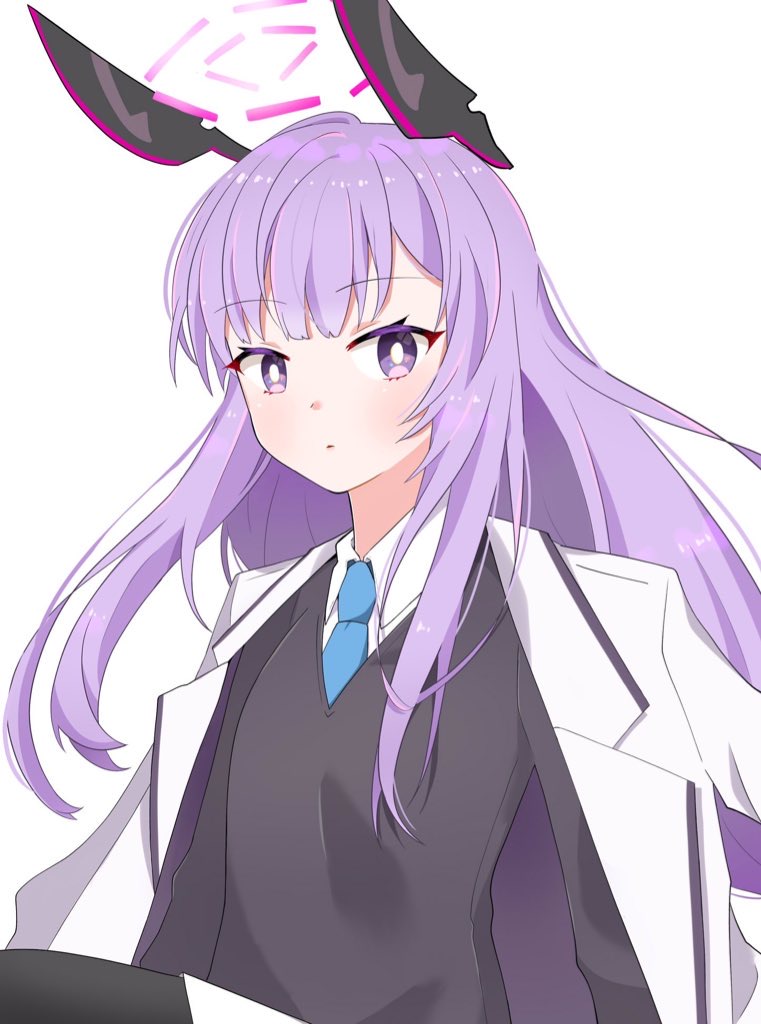 1girl absurdly_long_hair bangs black_jacket blue_archive blue_necktie halo headgear hikichidayo jacket long_hair long_sleeves necktie purple_hair skirt solo utaha_(blue_archive) very_long_hair violet_eyes white_skirt