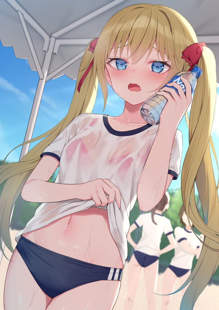 3girls blonde_hair blue_eyes blurry blurry_background blush bra brown_hair buruma cloud gym_uniform lifting looking_at_viewer moe2022 navel original outdoors ribbon short_shorts solo solo_focus sunlight sweat sweating sweating_profusely teeth tent tree twintails water_bottle wet_clothes