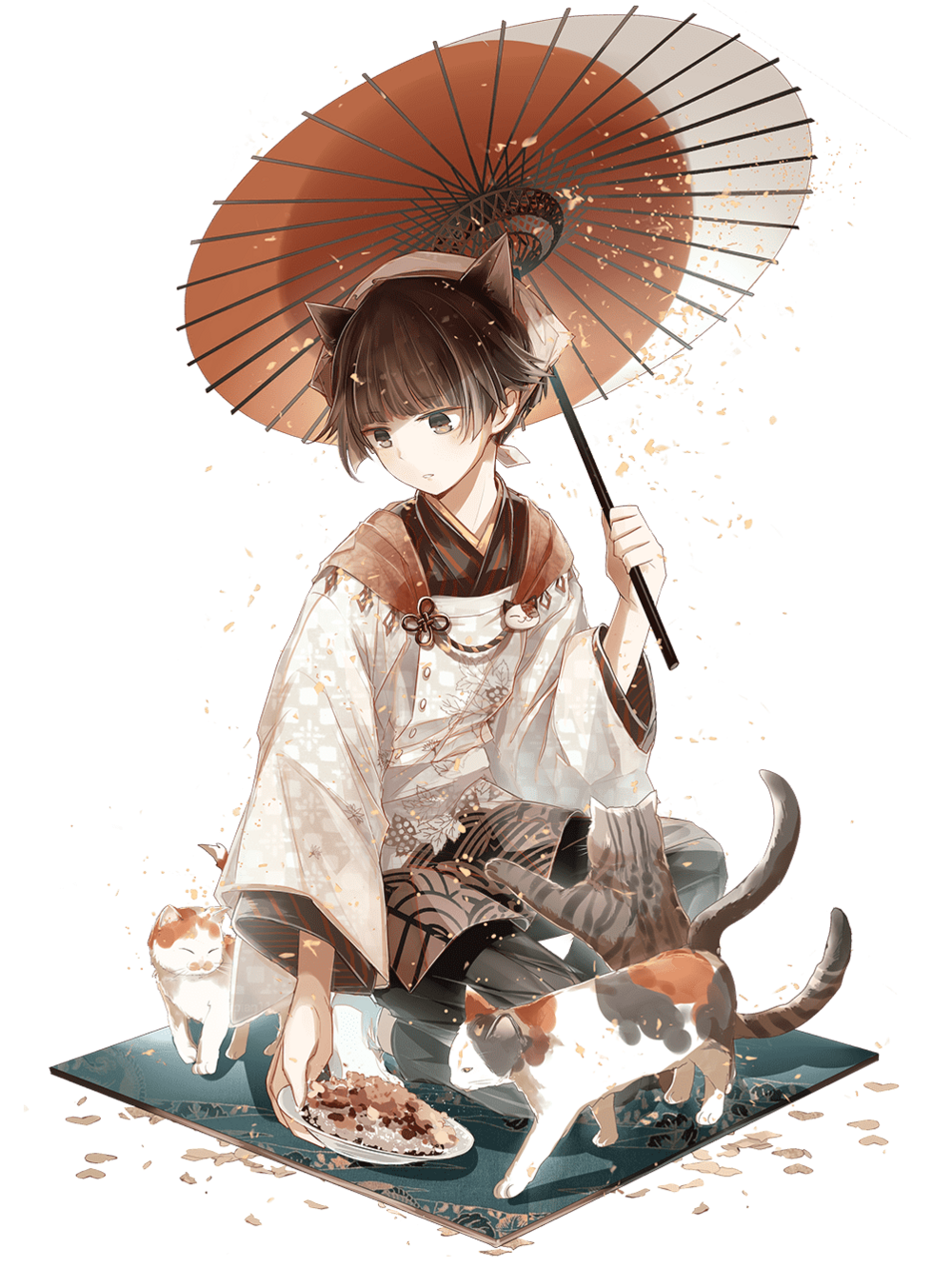 1boy androgynous animal_ears bonito_rice_(food_fantasy) calico cat cat_boy cat_ears chinese_clothes cocosuke food food_fantasy full_body highres looking_down official_art pale_skin second-party_source traditional_clothes umbrella