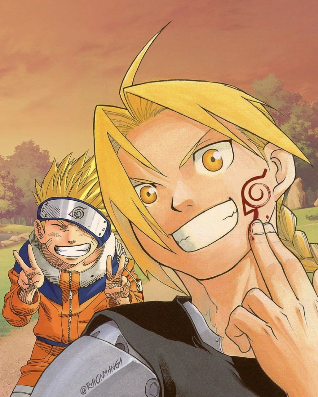 2boys automail blonde_hair braid commentary edward_elric english_commentary facial_mark forehead_protector fullmetal_alchemist highres jumpsuit looking_at_viewer male_focus multiple_boys naruto naruto_(series) ninja outdoors paint raionmanga smile spiky_hair teeth third-party_source tree uzumaki_naruto v water whisker_markings yellow_eyes