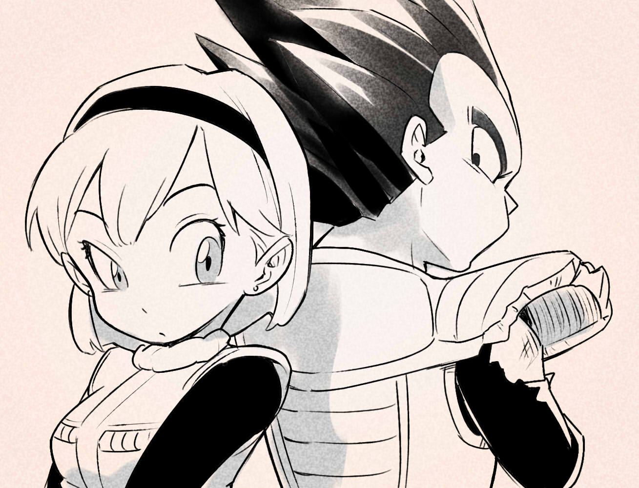 1boy 1girl back black_hair blue_eyes bulma dragon_ball kara_foo monochrome muscular short_hair upper_body vegeta