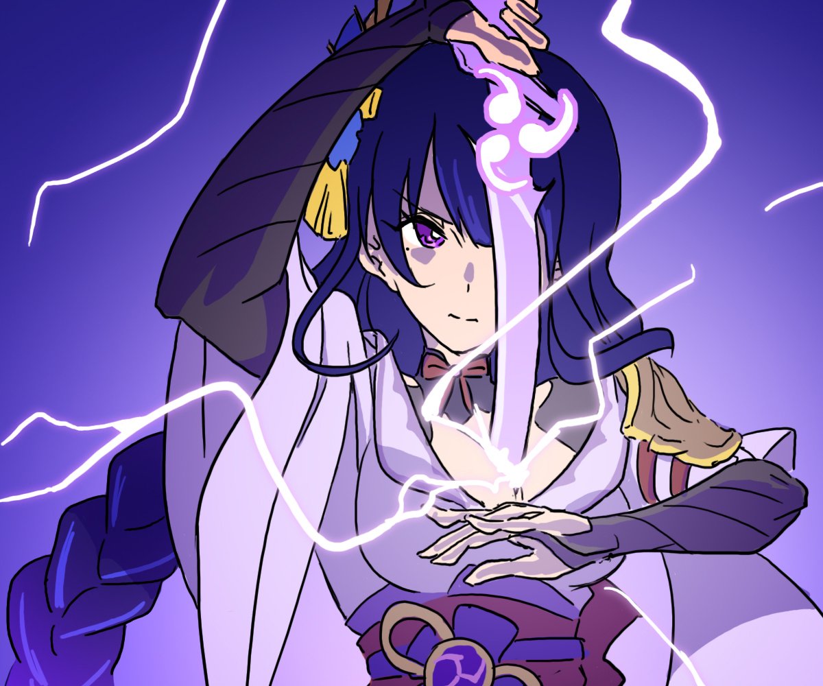 1girl bangs braid breasts closed_mouth electricity genshin_impact holding holding_sword holding_weapon human_scabbard imtmcomics japanese_clothes long_hair purple_hair raiden_shogun simple_background single_braid sword upper_body violet_eyes vision_(genshin_impact) weapon wide_sleeves