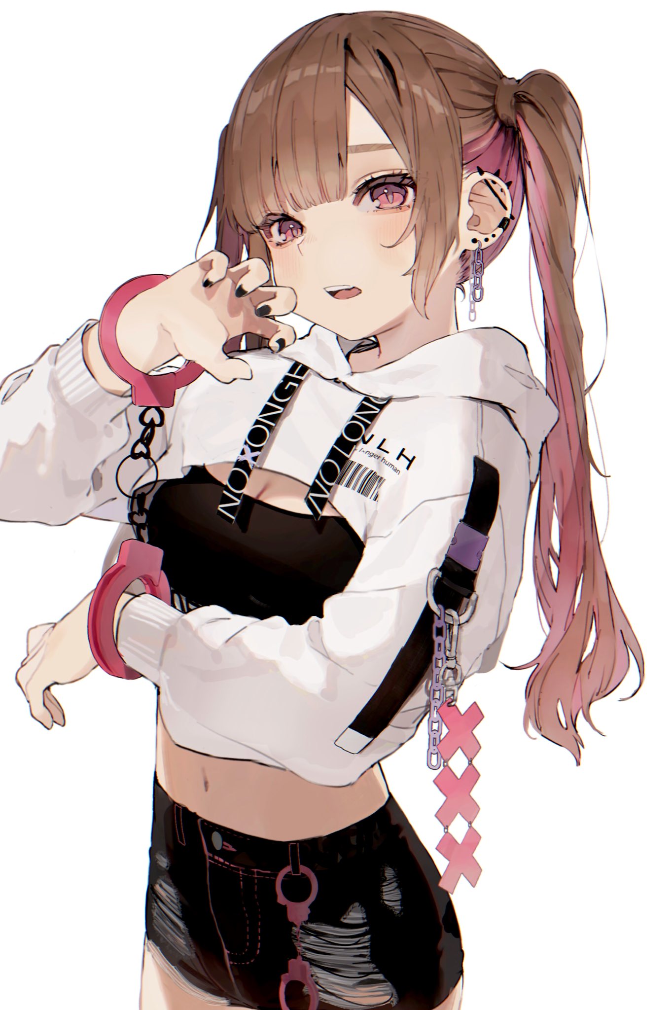 1girl barcode black_nails black_shirt black_shorts blush bound bound_arms brown_hair buttons chain cleavage_cutout clothing_cutout commentary cowboy_shot cuffs daluto_(hitomi555) drawstring ear_piercing earrings english_commentary english_text eyebrows_behind_hair handcuffs highres hood hoodie jewelry looking_at_viewer midriff multicolored_hair navel open_mouth original piercing pink_eyes pink_hair shirt short_shorts shorts teeth twintails