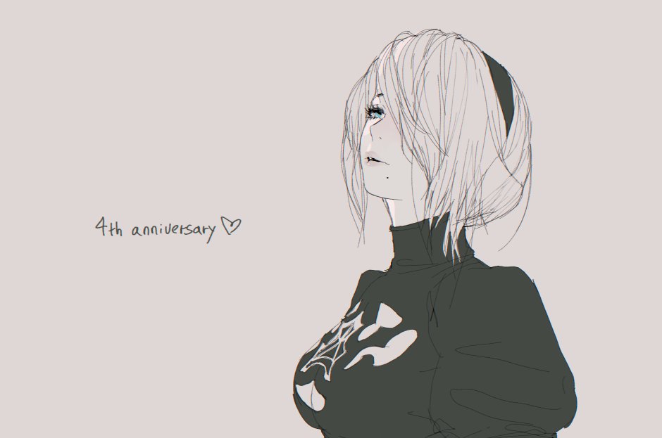 1girl anniversary black_hairband blue_eyes breasts clothing_cutout d.k hair_over_one_eye hairband mole mole_under_mouth nier_(series) nier_automata puffy_sleeves short_hair simple_background solo yorha_no._2_type_b