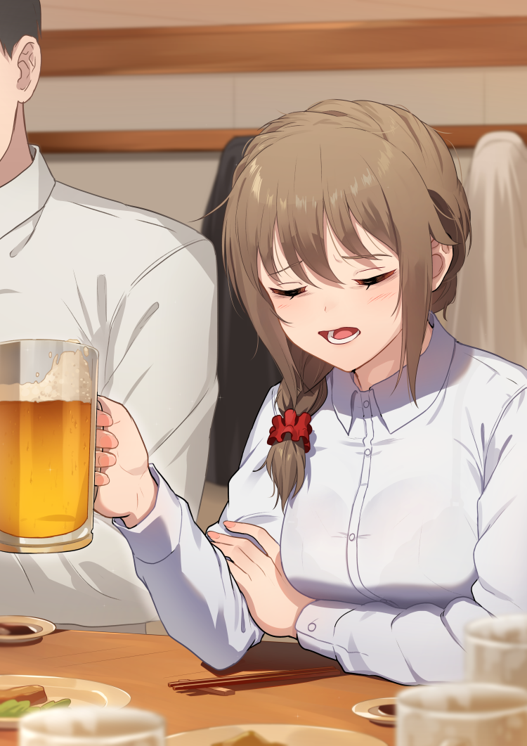 1boy 1girl alcohol beer beer_mug blurry blurry_background blurry_foreground bralines brown_hair chopsticks closed_eyes commentary cup depth_of_field dress_shirt drinking_glass frown hair_ornament hair_over_shoulder hair_scrunchie holding holding_cup idolmaster idolmaster_cinderella_girls indoors kamille_(vcx68) long_sleeves medium_hair mug open_mouth out_of_frame plate red_scrunchie scrunchie senkawa_chihiro shirt table white_shirt wing_collar