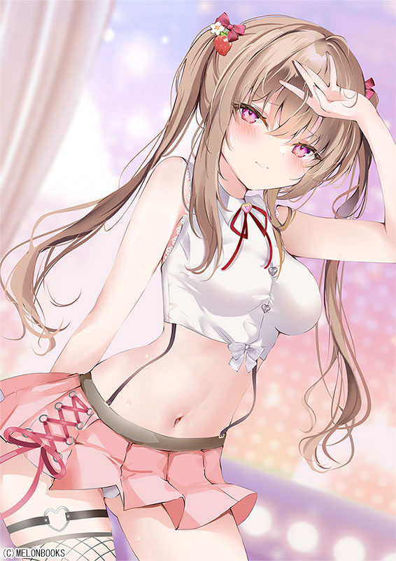 1girl arm_up bare_arms bare_shoulders bow breasts brown_hair buttons cowboy_shot crop_top embarrassed fishnet_legwear fishnets frown hair_bow lace_trim long_hair looking_at_viewer medium_breasts melonbooks midriff miniskirt navel neck_ribbon original panties panty_peek pink_eyes pink_skirt pleated_skirt pon_(ponidrop) revealing_clothes ribbon shirt single_thighhigh skirt sleeveless sleeveless_shirt solo standing stomach suspenders thigh-highs thigh_strap thighs twintails underwear white_panties white_shirt