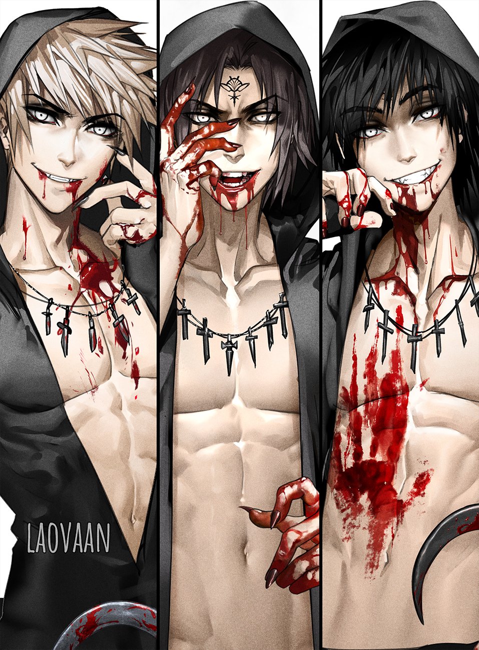 3boys black_cloak blonde_hair blood blood_on_chest blood_on_face blood_on_hands blood_on_weapon brown_hair cloak collarbone cropped_arms cross eyebrows_visible_through_hair eyes_visible_through_hair eyeshadow facial_tattoo fingernails hand_on_own_face hand_print highres hood hook jewelry laovaan makeup multiple_boys navel necklace open_mouth original sharp_fingernails signature smile tattoo toned toned_male weapon white_background yellow_eyes