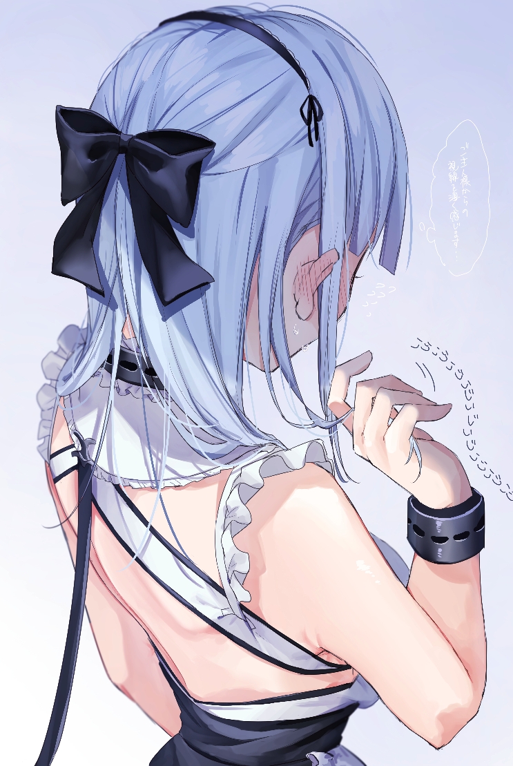 1girl arm_up armpits azur_lane back backless_dress backless_outfit blue_hair blush bow bracelet breasts chigusa_minori commentary_request dido_(azur_lane) dress ear_blush facing_away hair_bow hair_twirling hairband jewelry large_breasts looking_away maid nape ponytail short_hair sideboob translation_request