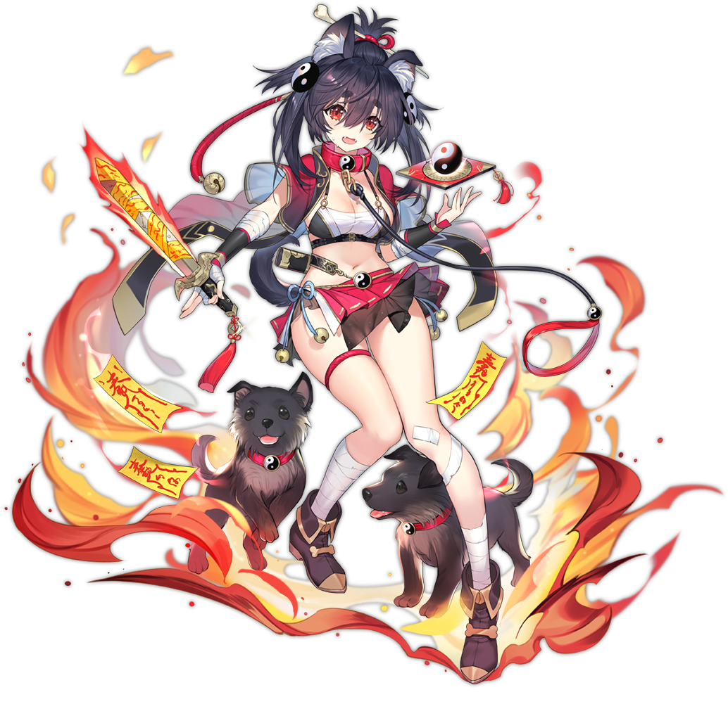 1girl animal_collar animal_ear_fluff animal_ears ark_order bandaged_arm bandaged_hand bandaged_leg bandages bangs black_bra black_footwear black_hair black_jacket bone boots bra breasts collar constellation dog dog_(ark_order) dog_ears fire flaming_sword flaming_weapon full_body hair_ornament hair_stick hatoyama_itsuru high_heels high_ponytail holding holding_sword holding_weapon jacket kneehighs leash official_art ofuda red_collar red_eyes red_skirt sheath sidelocks single_kneehigh skirt solo sweat sword tachi-e transparent_background twintails underwear weapon white_legwear yin_yang