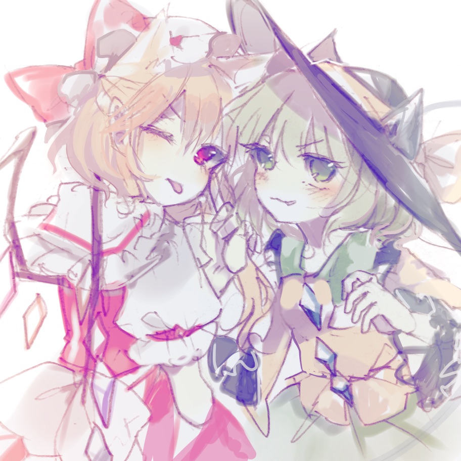 2girls :p :q black_headwear blonde_hair blouse bow buttons closed_mouth collared_blouse crystal diamond_button eyebrows_visible_through_hair flandre_scarlet frilled_shirt_collar frilled_sleeves frills green_eyes green_hair green_skirt hair_between_eyes hat hat_ribbon komeiji_koishi long_sleeves looking_at_viewer medium_hair mob_cap multiple_girls one_eye_closed one_side_up puffy_short_sleeves puffy_sleeves red_bow red_eyes red_ribbon red_skirt red_vest ribbon shirt short_sleeves simple_background skirt smile sorani_(kaeru0768) tongue tongue_out touhou vest wavy_hair white_background white_shirt wide_sleeves yellow_blouse yellow_ribbon
