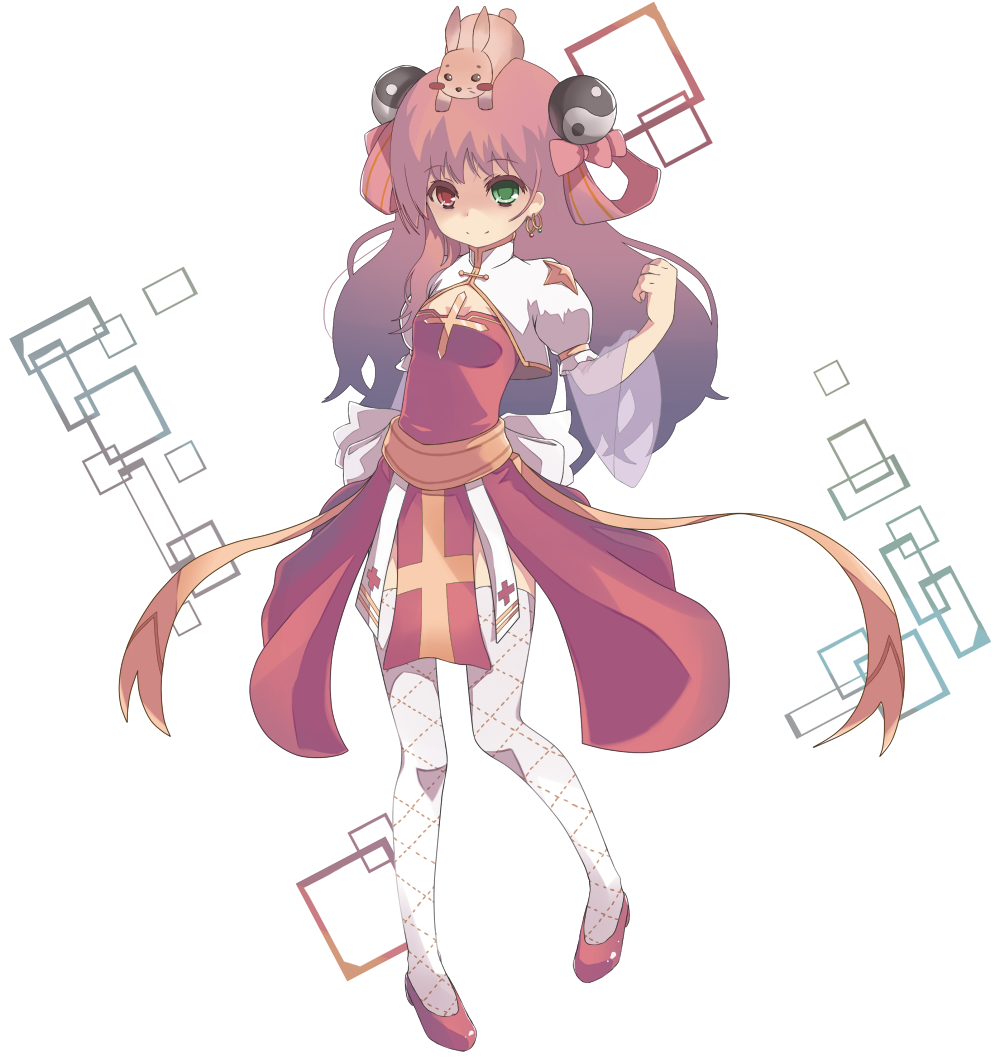 1girl animal_on_head arch_bishop_(ragnarok_online) bangs bow breasts bunny_on_head closed_mouth commentary_request cross dress earrings full_body green_eyes hair_bow heterochromia high_heels hoop_earrings jacket jewelry long_hair looking_at_viewer multiple_earrings on_head pigeon-toed pink_bow pink_hair puffy_short_sleeves puffy_sleeves rabbit ragnarok_online red_dress red_eyes red_footwear sash shimotsuki_nozomi short_sleeves shrug_(clothing) small_breasts smile solo split_mouth thigh-highs white_background white_jacket white_legwear yellow_sash yin_yang_hair_ornament