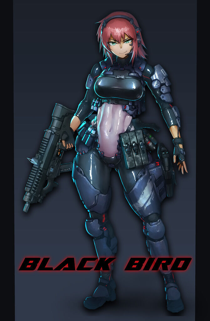 1girl aqua_eyes armor assault_rifle black_gloves bodysuit breasts closed_mouth commentary_request covered_navel dated_commentary english_text fingerless_gloves full_body gloves grey_background gun handgun headset hetza_(hellshock) holding holding_weapon holstered_weapon leg_armor looking_at_viewer medium_breasts medium_hair original pistol redhead rifle shoulder_armor smile solo weapon