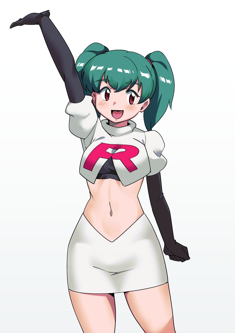 1girl :d arm_up bangs black_gloves blush breasts brown_eyes commentary_request cosplay cropped_jacket duplica_(pokemon) elbow_gloves eyebrows_visible_through_hair gloves green_hair jacket jessie_(pokemon) jessie_(pokemon)_(cosplay) logo makino_harumaki midriff navel open_mouth pokemon pokemon_(anime) pokemon_(classic_anime) shiny shiny_hair simple_background skirt smile solo team_rocket team_rocket_uniform tied_hair tongue twintails white_background white_jacket white_skirt