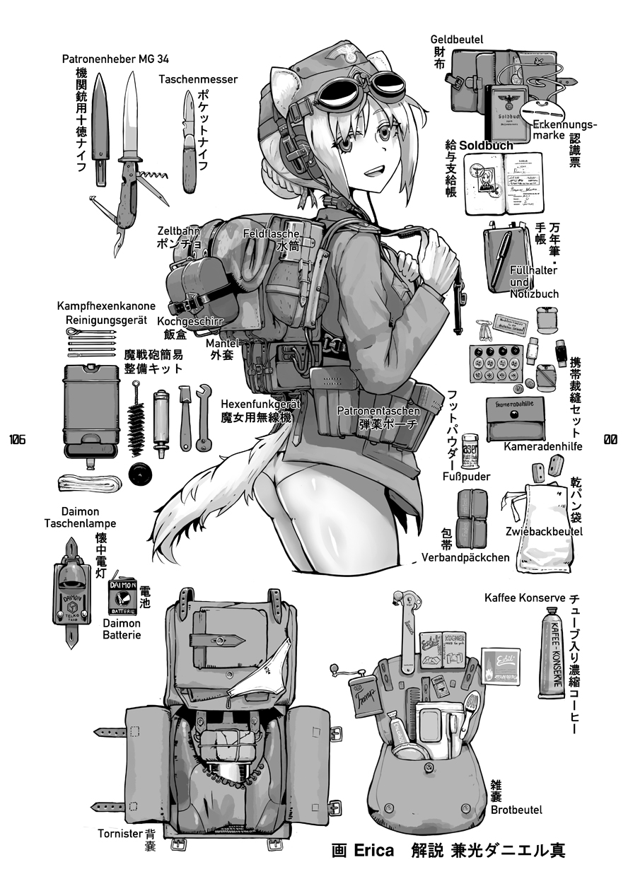 1girl animal_ears artist_name backpack bag belt belt_pouch can_opener canteen character_request check_character comb commentary_request corkscrew cowboy_shot cropped_legs equipment_layout erica_(naze1940) from_side garrison_cap gloves goggles goggles_on_head greyscale hair_bun hat headphones highres jacket knife looking_at_viewer military military_uniform monochrome no_pants notebook open_mouth original panties pen pouch sheath short_hair simple_background smile solo strike_witches swiss_army_knife tail underwear uniform white_background world_witches_series wrench