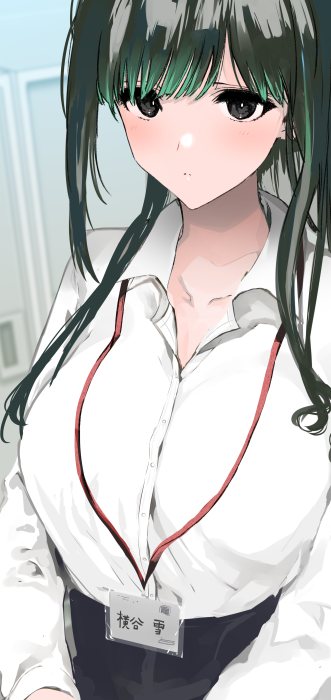 1girl :o blush breasts collarbone formal green_hair indoors lanyard large_breasts looking_at_viewer office_lady open_collar original shirt shotan solo upper_body white_shirt