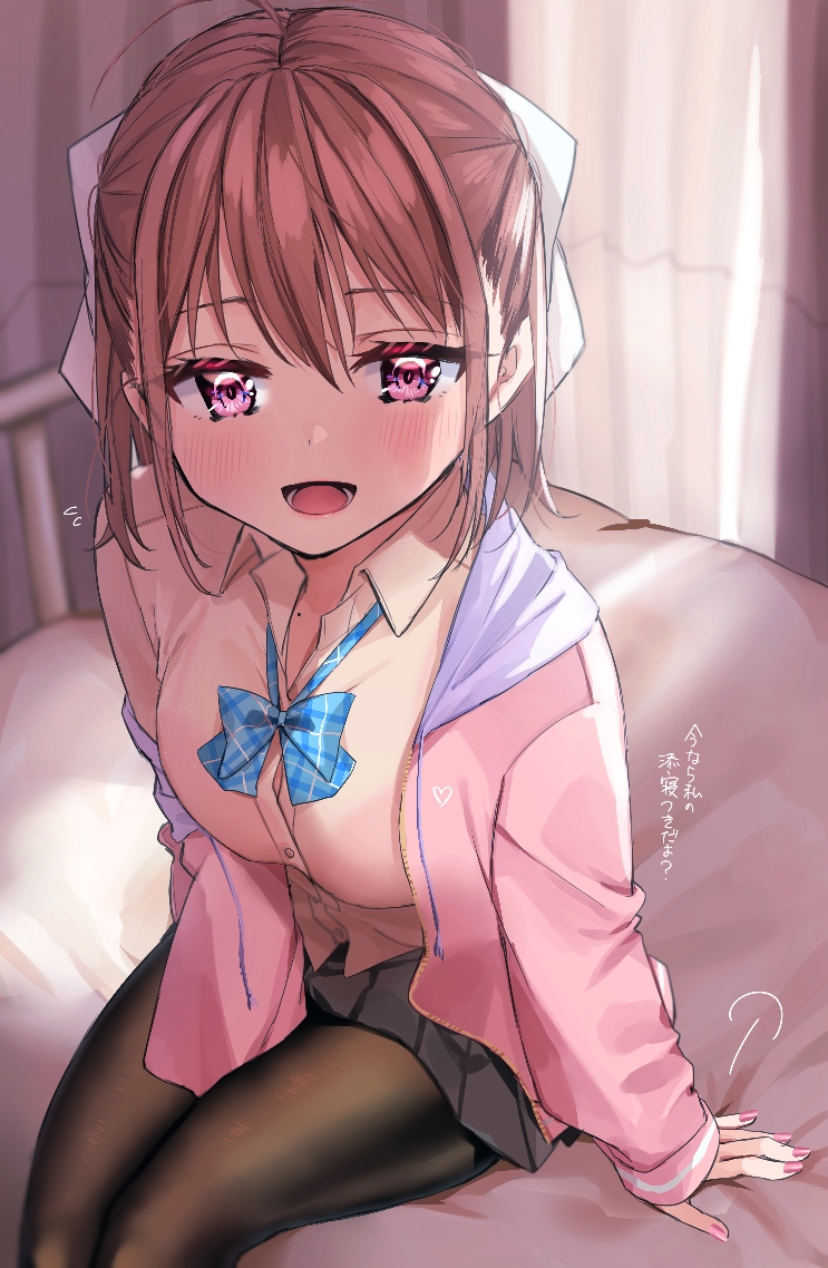 ahoge bed between_legs blush bow bowtie breasts brown_hair chigusa_minori commentary_request dress_shirt hair_bow hand_between_legs invitation jacket large_breasts looking_at_viewer miniskirt off_shoulder open_clothes open_jacket open_mouth original pantyhose pink_eyes pink_jacket pink_nails school_uniform shirt short_hair skirt smile translation_request yellow_shirt
