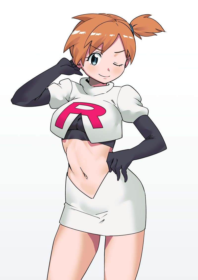 1girl ;) bangs black_gloves blush breasts commentary_request cosplay cropped_jacket elbow_gloves eyelashes gloves green_eyes hand_on_hip hand_up jacket jessie_(pokemon) jessie_(pokemon)_(cosplay) logo looking_at_viewer makino_harumaki midriff misty_(pokemon) navel one_eye_closed orange_hair pokemon pokemon_(anime) pokemon_(classic_anime) shiny shiny_hair short_hair side_ponytail simple_background skirt smile solo tied_hair white_background white_jacket white_skirt