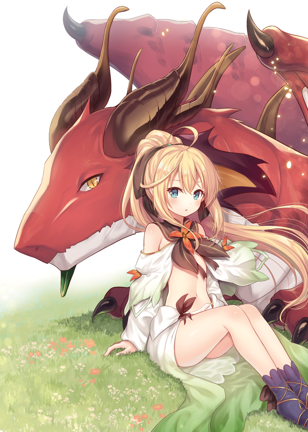 1girl ahoge bangs bare_shoulders blonde_hair blue_eyes blue_legwear blush commentary_request copyright_request dragon elf eyebrows_visible_through_hair floating_hair flower hair_between_eyes highres knees_up long_hair long_sleeves looking_at_viewer nakamura_hinato navel on_grass parted_lips pointy_ears ponytail red_flower sitting skirt sleeves_past_wrists socks solo very_long_hair white_background white_flower white_skirt