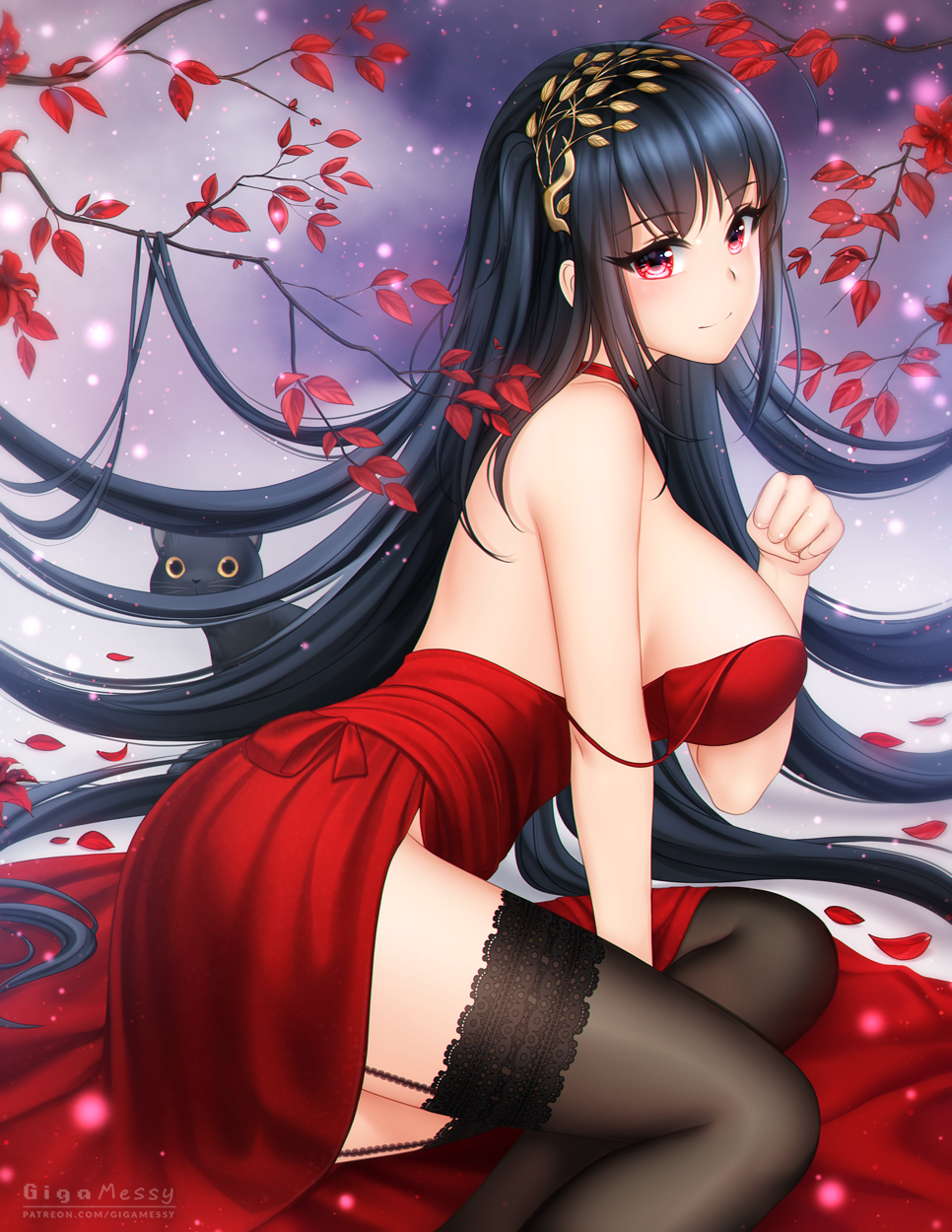 1girl absurdly_long_hair artist_name azur_lane bare_shoulders black_cat black_hair black_legwear breasts cat choker cocktail_dress dress evening_gown eyebrows_visible_through_hair garter_straps gigamessy hair_ornament highres lace-trimmed_legwear lace_trim large_breasts long_hair looking_at_viewer looking_to_the_side lying official_alternate_costume on_side red_choker red_dress solo taihou_(azur_lane) taihou_(forbidden_feast)_(azur_lane) very_long_hair violet_eyes