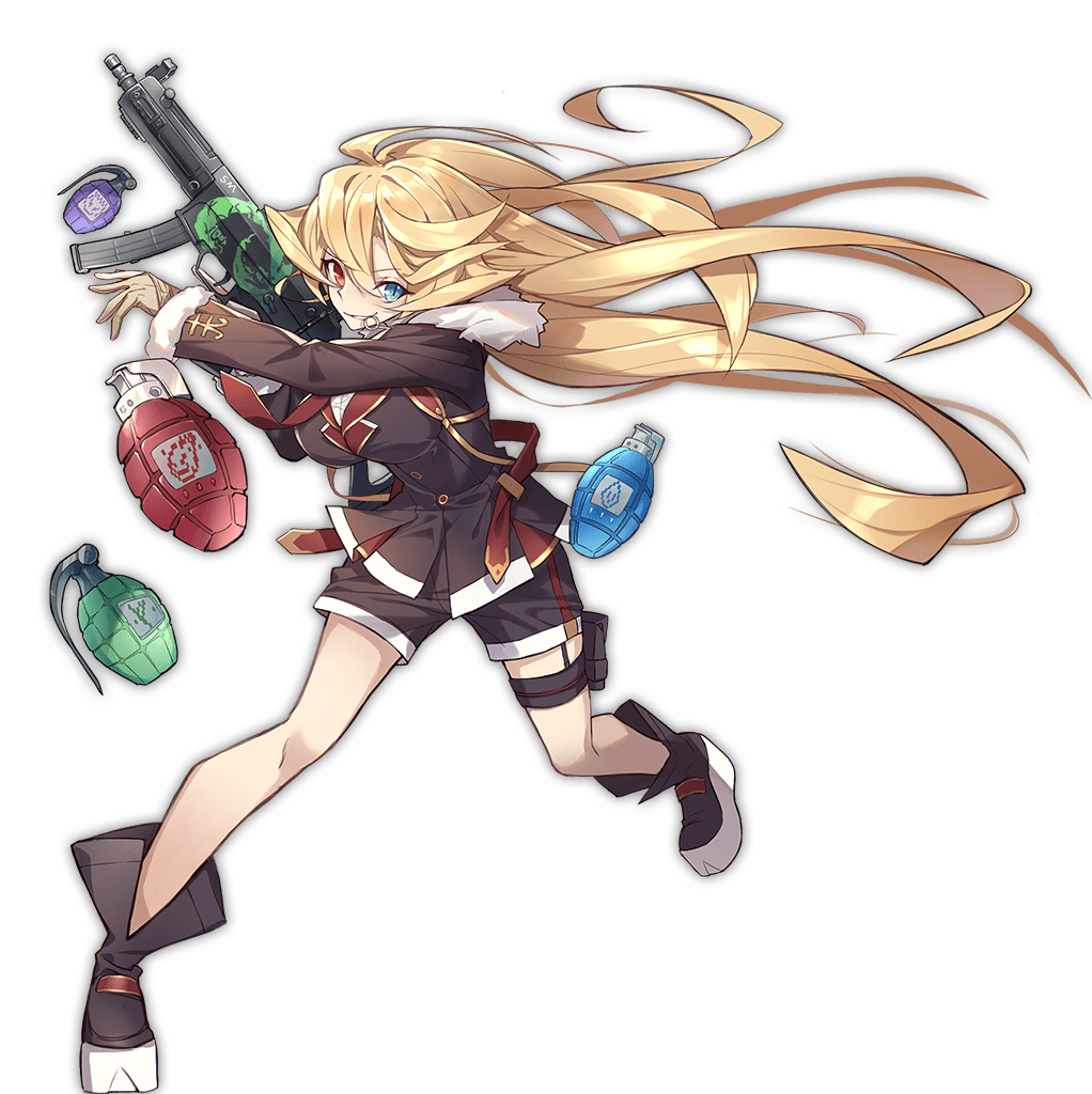 1girl ahoge ark_order bangs black_footwear black_jacket black_shorts blonde_hair blue_eyes boots breasts brown_gloves chimera_(ark_order) explosive floating_hair full_body fur-trimmed_jacket fur_trim gloves grenade grenade_pin gun hair_flaps heterochromia holding holding_gun holding_weapon holster hood hooded_jacket jacket k_suke_(weibo) large_breasts long_hair mouth_hold official_art red_eyes shirt shorts solo tachi-e thigh_holster thigh_strap transparent_background very_long_hair weapon weapon_request white_shirt wing_collar