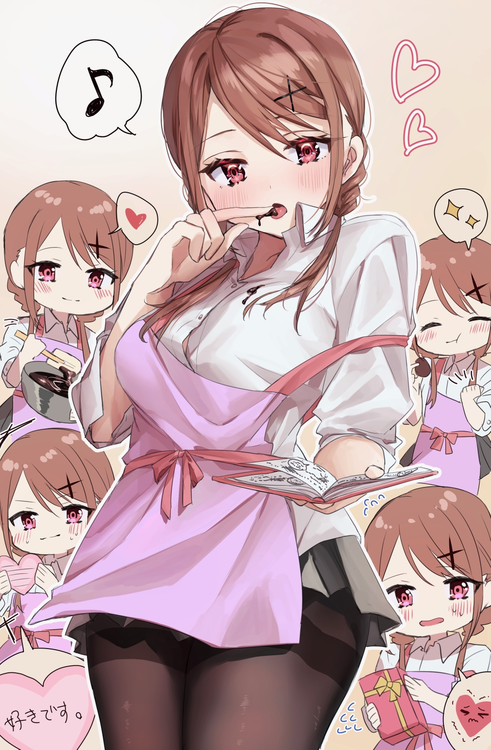 1girl apron blush book brown_hair chigusa_minori chocolate commentary_request cookbook cooking dress_shirt eating gift heart highres holding holding_book mixing_bowl musical_note original pantyhose red_eyes school_uniform shirt short_braid short_hair skirt spoken_heart spoken_musical_note spoken_sparkle valentine