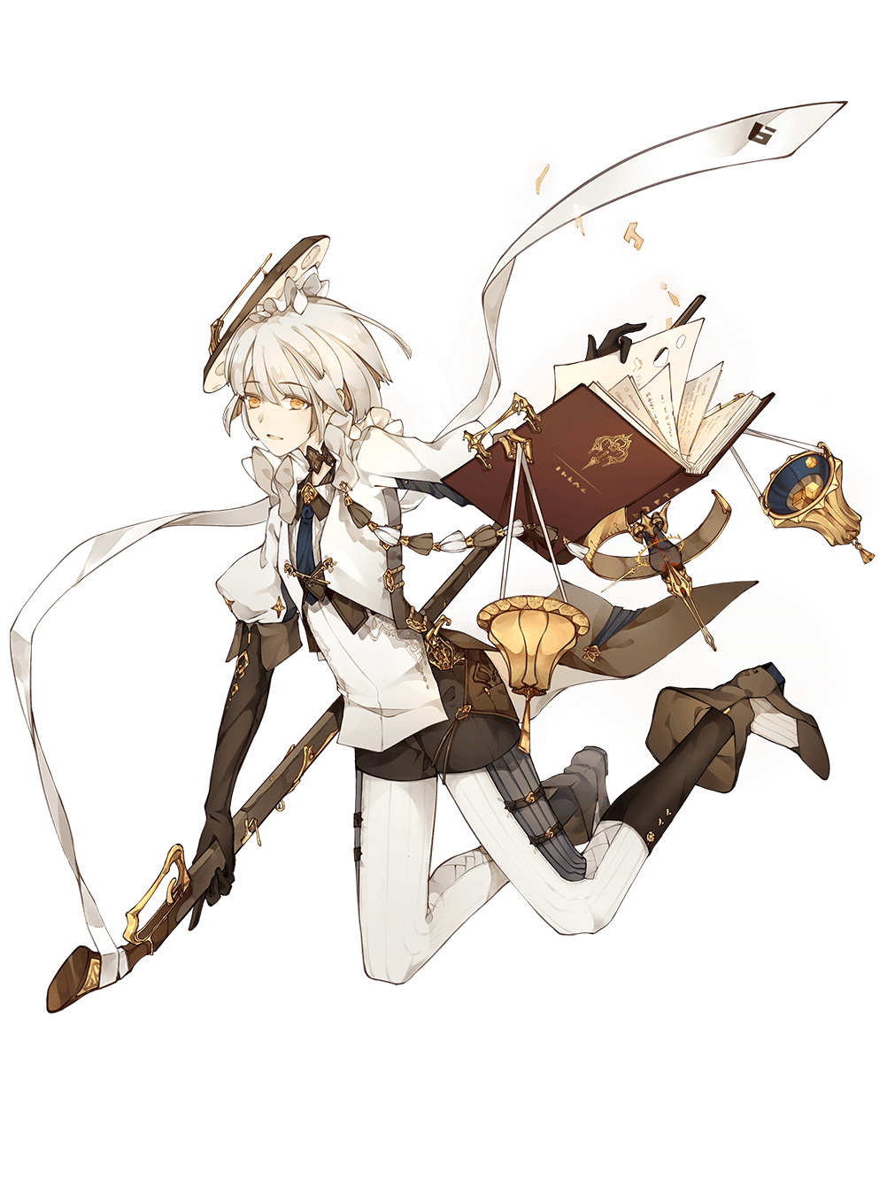 1boy androgynous baguette_(food_fantasy) blonde_hair book floating food_fantasy full_body highres holding holding_weapon jingzhongyin looking_at_viewer official_art pale_skin second-party_source solo weapon yellow_eyes