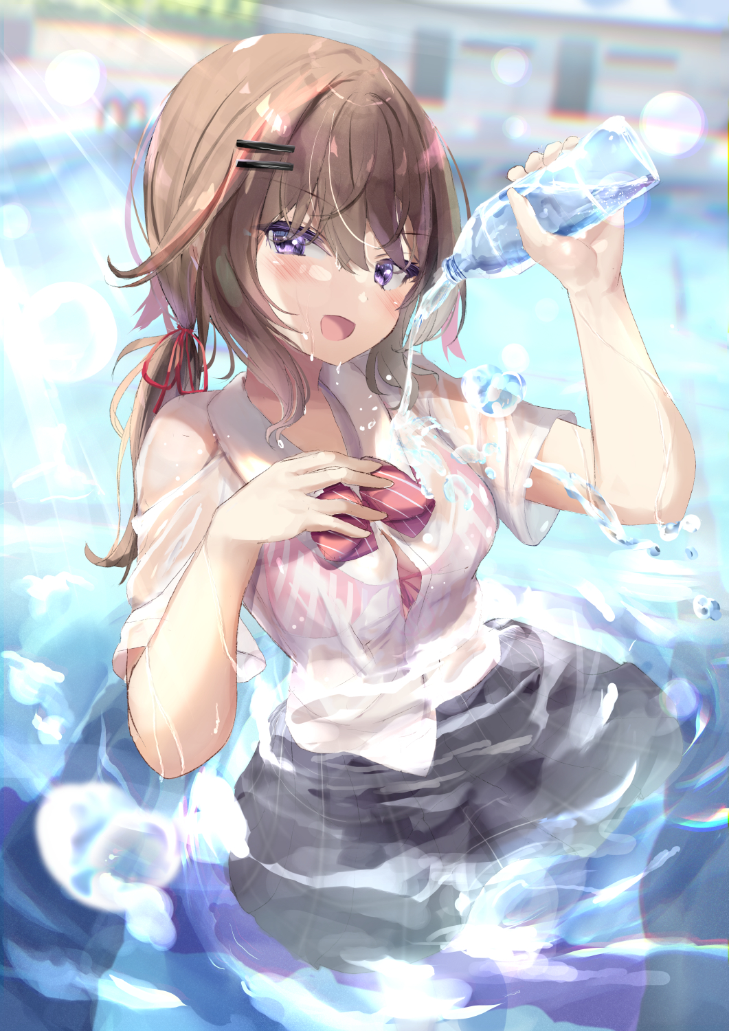 1girl :d bangs black_skirt blurry blurry_background bottle bra brown_hair collared_shirt commentary_request day depth_of_field dress_shirt eyebrows_visible_through_hair hair_between_eyes hair_ornament hairclip hand_up highres holding holding_bottle long_hair low_twintails moe2022 natuna_natu original outdoors pouring_onto_self revision school_uniform see-through shirt skirt smile solo striped striped_bra twintails underwear vertical-striped_bra vertical_stripes violet_eyes water water_bottle wet wet_clothes wet_shirt