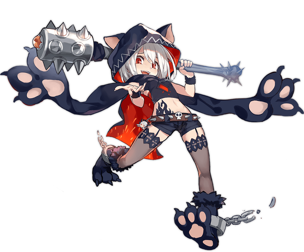 1girl animal_ears animal_hood ark_order bangs belt black_cape black_footwear black_scarf black_shirt black_shorts cape cerberus_(ark_order) chain club_(weapon) cuffs dog_ears fake_animal_ears full_body fur-trimmed_footwear garter_straps hades_(ark_order) holding holding_weapon hood hood_up hooded_cape k_suke_(weibo) looking_at_viewer official_art paw_shoes pawpads red_eyes scarf shackles shirt shoes short_hair shorts skull solo spiked_belt stomach_tattoo tachi-e tattoo thigh-highs transparent_background weapon white_hair wrist_cuffs