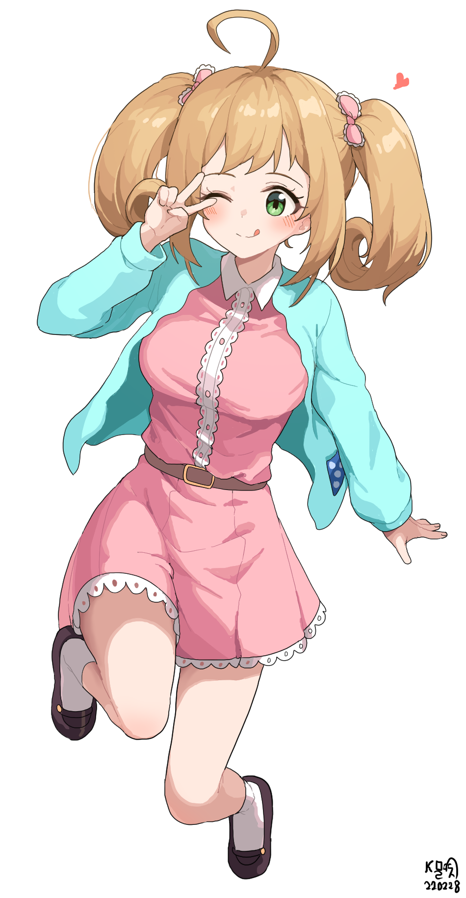 1girl ;q ahoge bare_legs blonde_hair blush bow breasts cardigan commission dated folded full_body green_cardigan hair_bow heart highres idolmaster idolmaster_cinderella_girls large_breasts myeolchi one_eye_closed pink_shirt pink_skirt satou_shin shirt signature simple_background skirt solo tongue tongue_out twintails v white_background