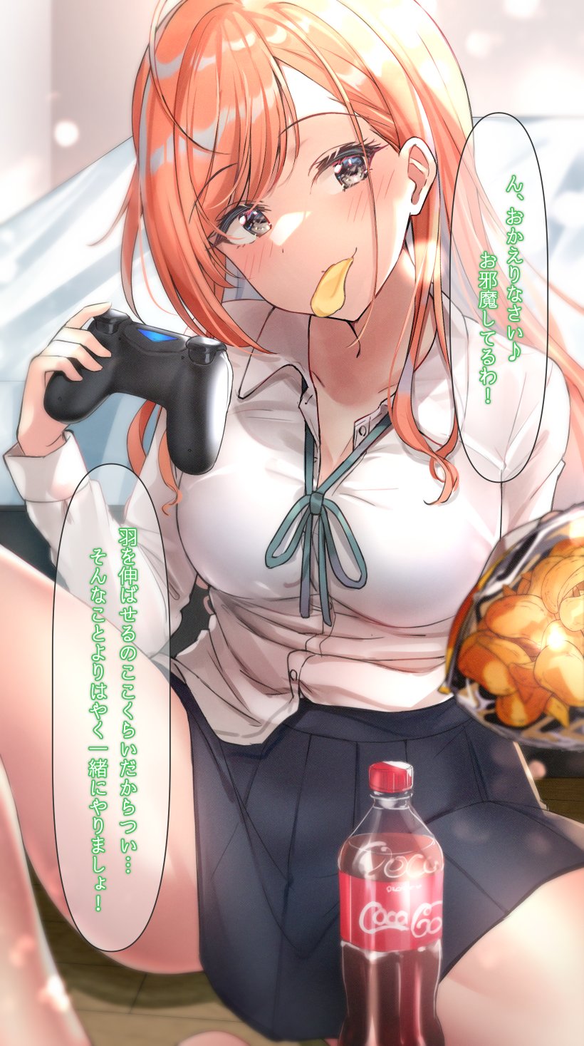 1girl ahoge alternate_costume arisugawa_natsuha bangs bare_legs bed bed_sheet blurry blush bokeh breasts chips cola collarbone controller depth_of_field food game_controller head_tilt highres idolmaster idolmaster_shiny_colors looking_at_viewer loose_neck_ribbon medium_breasts mouth_hold open_collar orange_hair pleated_skirt potato_chips school_uniform shiitake_taishi skirt solo speech_bubble spread_legs swept_bangs