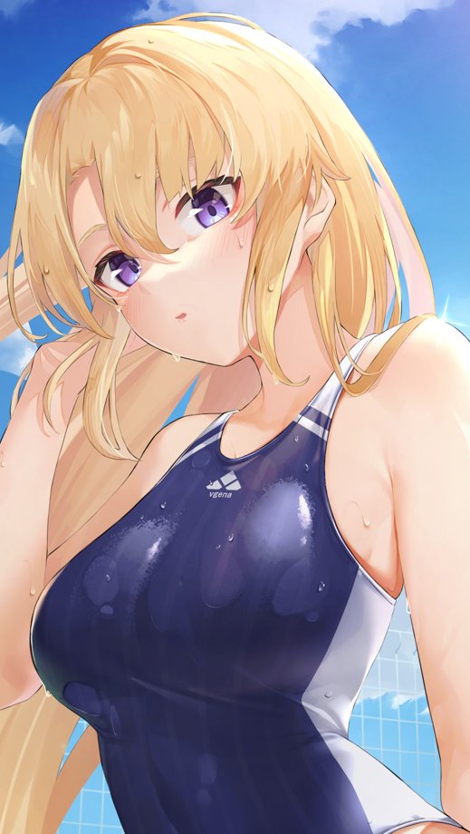 1girl bangs bare_shoulders blonde_hair blue_sky blue_swimsuit blush breasts clouds competition_swimsuit hair_between_eyes highleg highleg_swimsuit large_breasts long_hair looking_at_viewer one-piece_swimsuit original outdoors parted_bangs parted_lips sidelocks sky solo swimsuit two-tone_swimsuit upper_body vegetablenabe very_long_hair violet_eyes water_drop wet wet_clothes wet_hair wet_swimsuit white_swimsuit