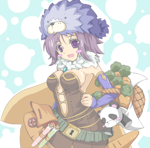 1girl alchemist_(ragnarok_online) bag bangs basket blue_gloves blush blush_stickers breasts brown_cape brown_dress cape carrot commentary_request cowboy_shot dress elbow_gloves fingerless_gloves fur_collar gloves large_breasts looking_at_viewer lowres open_mouth purple_hair ragnarok_online seal_(animal) seal_(ragnarok_online) shimotsuki_nozomi short_hair smile solo strapless strapless_dress stuffed_animal stuffed_panda stuffed_toy vial violet_eyes