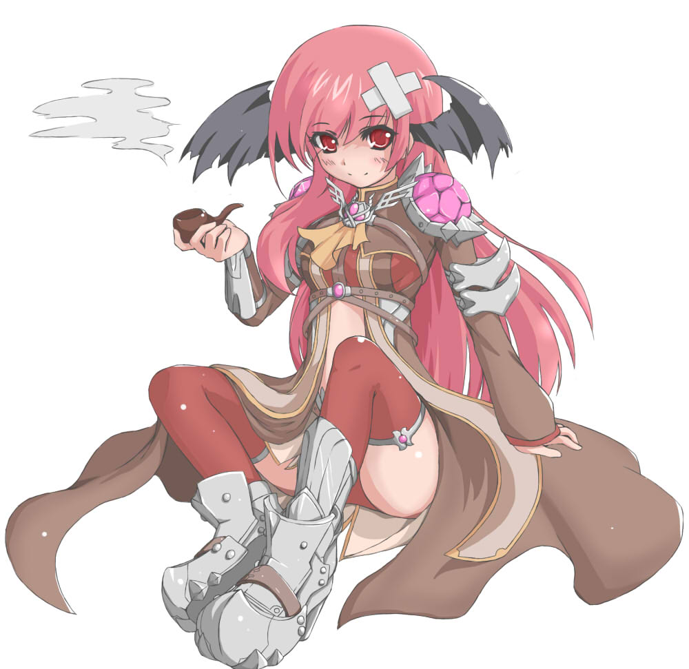 1girl armored_boots bangs black_wings blush boots breasts brown_coat closed_mouth coat commentary_request crossed_bandaids eyebrows_visible_through_hair full_body head_wings holding holding_pipe long_hair long_sleeves looking_at_viewer medium_breasts official_alternate_costume pink_hair pipe prototype ragnarok_online red_eyes red_legwear rune_knight_(ragnarok_online) shimotsuki_nozomi simple_background sitting smile smoke solo split_mouth thigh-highs vambraces white_background wings