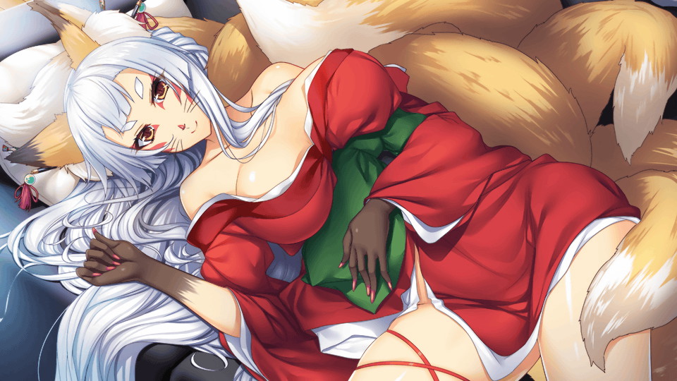 1girl animal_ears animal_hands artist_request bangs breasts couch eyeshadow facial_mark fox_ears fox_tail game_cg hair_ornament kitsune large_breasts long_hair looking_at_viewer lying makeup monster_musume_no_iru_nichijou monster_musume_no_iru_nichijou_online multiple_tails official_art on_back pink_nails solo tail thick_eyebrows thigh_strap very_long_hair whiskers white_hair yellow_eyes youko_(monster_musume)