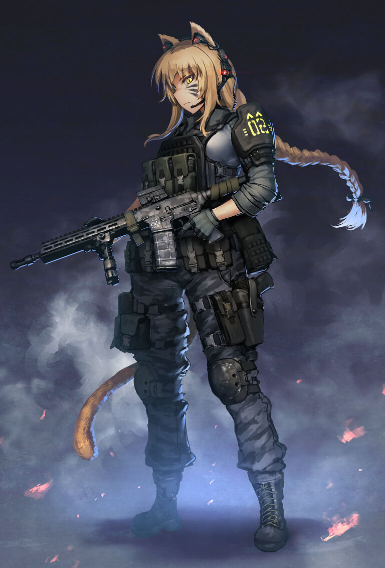 1girl animal_ears armor assault_rifle belt_pouch black_footwear blonde_hair body_armor boots braid brn-180 camouflage camouflage_pants cat_ears cat_tail closed_mouth commission cross-laced_footwear dated_commentary english_commentary facepaint from_side frown full_body gloves grey_background grey_gloves grey_pants grey_shirt gun handgun headset hetza_(hellshock) holding holding_weapon holstered_weapon knee_pads long_hair looking_at_viewer magazine_(weapon) military original pants pistol pouch rifle shirt shoulder_armor single_braid slit_pupils smoke solo standing tail trigger_discipline very_long_hair weapon yellow_eyes