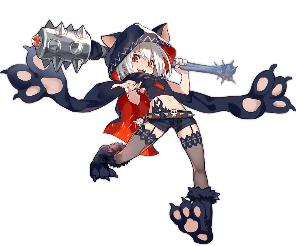 1girl animal_ears animal_hood ark_order bangs belt black_cape black_footwear black_scarf black_shirt black_shorts cape cerberus_(ark_order) chain club_(weapon) cuffs dog_ears fake_animal_ears full_body fur-trimmed_footwear garter_straps hades_(ark_order) holding holding_weapon hood hood_up hooded_cape k_suke_(weibo) looking_at_viewer official_art paw_shoes pawpads red_eyes scarf shirt shoes short_hair shorts skull solo spiked_belt stomach_tattoo tachi-e tattoo thigh-highs transparent_background weapon white_hair wrist_cuffs