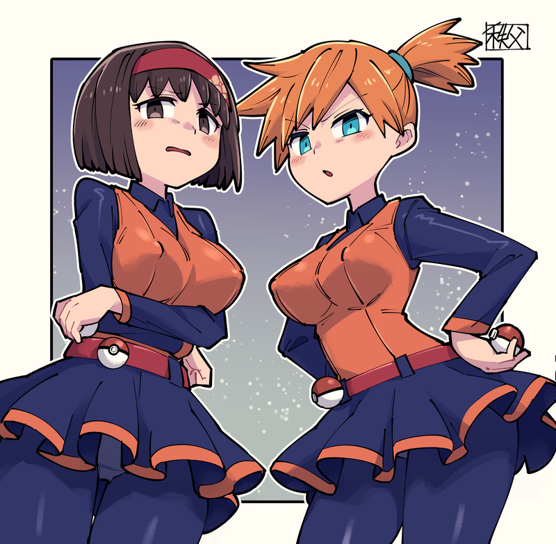 2girls ace_trainer_(pokemon) ace_trainer_(pokemon)_(cosplay) bangs belt blue_eyes blush breasts brown_hair chichibu_(watson) commentary_request cosplay covered_nipples erika_(pokemon) eyelashes hair_tie hairband hand_on_hip long_sleeves looking_at_viewer looking_down misty_(pokemon) multiple_girls orange_hair orange_vest pantyhose poke_ball poke_ball_(basic) pokemon pokemon_(game) pokemon_bw pokemon_lgpe purple_legwear purple_shirt purple_skirt red_belt red_hairband shirt short_hair side_ponytail skirt tied_hair vest