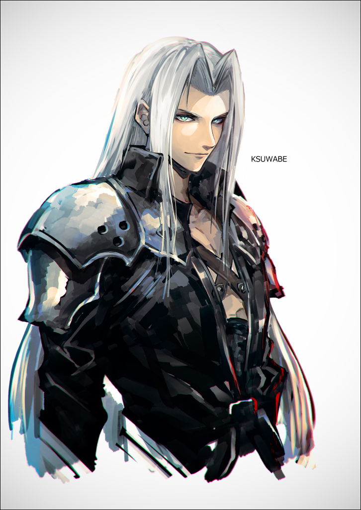 1boy armor black_coat coat final_fantasy final_fantasy_vii green_eyes grey_background hair_intakes high_collar k-suwabe long_hair male_focus pauldrons sephiroth shoulder_armor silver_hair solo upper_body