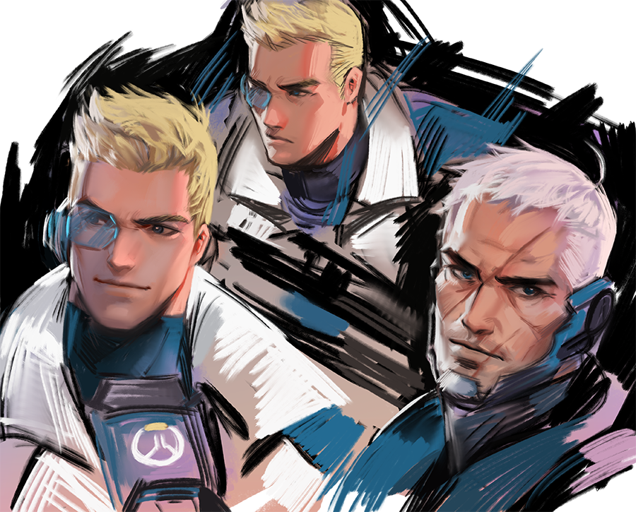 1boy age_progression armor blonde_hair blue_eyes chest_armor closed_mouth jacket jang_ju_hyeon male_focus official_alternate_costume overwatch scar scar_on_face scar_on_mouth scouter short_hair smile soldier:_76_(overwatch) solo spiky_hair strike-commander_morrison upper_body white_hair white_jacket
