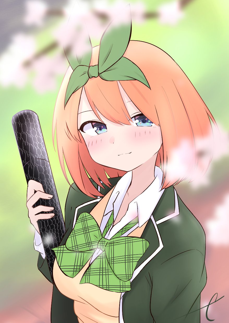 1girl bangs blazer blue_eyes blurry blurry_foreground blush branch breasts closed_mouth collared_shirt commentary_request depth_of_field eyebrows_behind_hair go-toubun_no_hanayome green_jacket green_ribbon hair_between_eyes hair_ribbon highres holding jacket kujou_karasuma medium_breasts nakano_yotsuba open_clothes open_jacket orange_hair ribbon shirt signature smile solo sweater_vest tube upper_body white_shirt