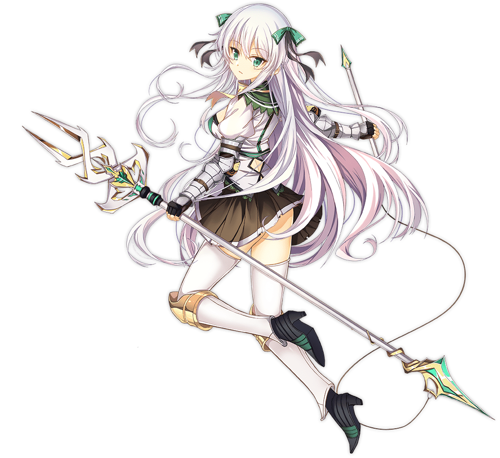 1girl ark_order armor bangs black_gloves boots bow brown_skirt brunhild_(ark_order) dual_wielding fingerless_gloves full_body gloves gold_trim green_bow green_eyes hair_bow high_heel_boots high_heels holding holding_polearm holding_weapon jianren juliet_sleeves lace-trimmed_skirt lace_trim lance long_hair long_sleeves official_art pleated_skirt polearm puffy_sleeves shirt sidelocks skirt solo tachi-e thigh-highs transparent_background very_long_hair weapon white_hair white_shirt wings zettai_ryouiki