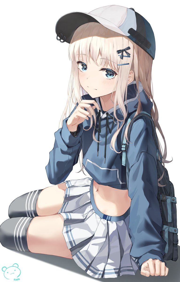 1girl backpack bag baseball_cap black_legwear blonde_hair blue_hoodie blush closed_mouth drawstring expressionless eyebrows_visible_through_hair green_eyes hat highres hood hoodie long_hair long_sleeves looking_at_viewer midriff original pleated_skirt ruda_(ruda_e) skirt solo thigh-highs two-tone_headwear white_skirt