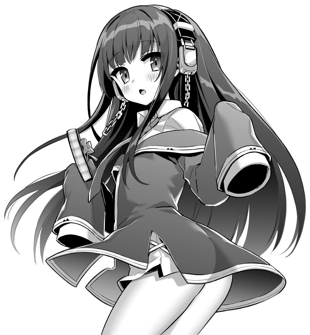 ass azur_lane azur_lane:_slow_ahead blush box chain gift gift_box greyscale headphones holding holding_gift hori_(hori_no_su) long_hair long_island_(azur_lane) monochrome off_shoulder official_art simple_background sleeves_past_fingers sleeves_past_wrists very_long_hair white_background