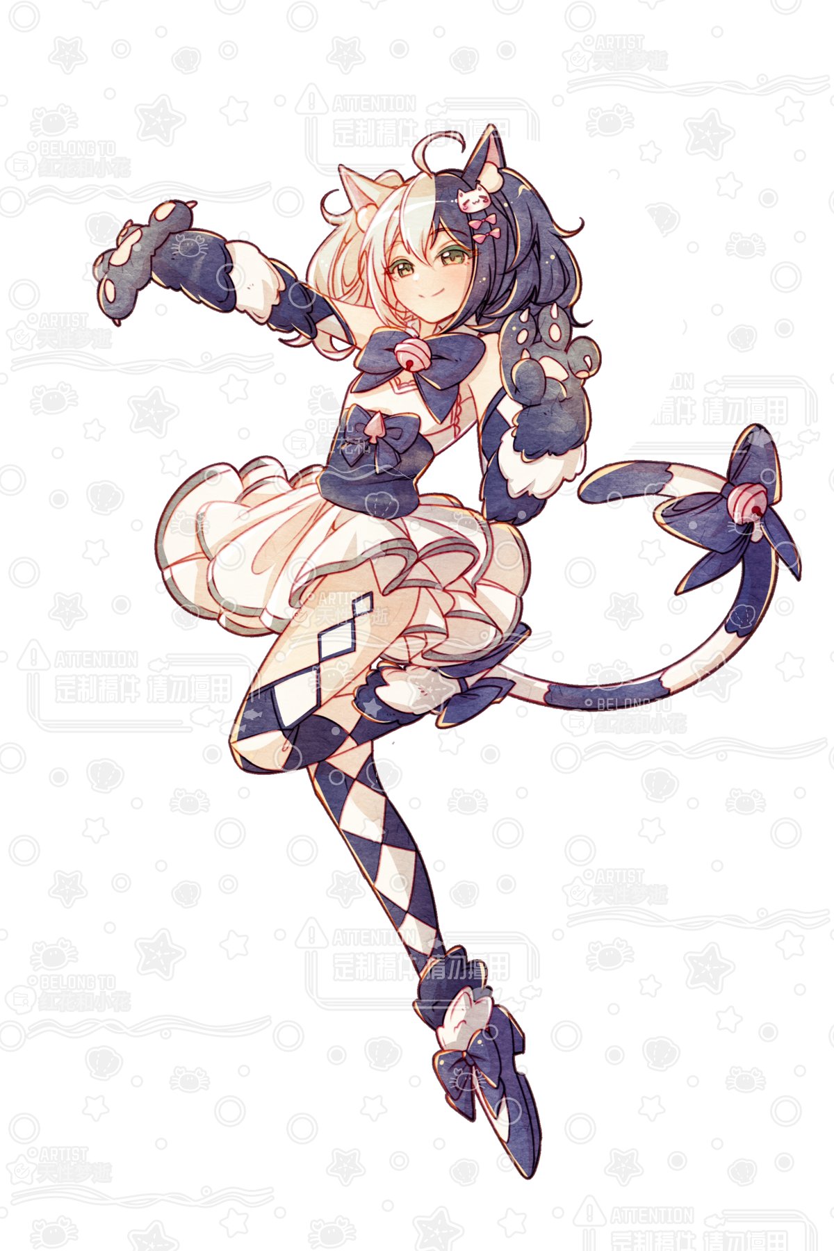 1girl ahoge animal_ears bell bow bowtie cat_ears cat_girl cat_hair_ornament cat_tail checkered_clothes checkered_legwear cheshire_cat_(monster_girl_encyclopedia) claws closed_mouth detached_sleeves fafa66421797 flat_chest floating full_body green_eyes hair_between_eyes hair_ornament highres jingle_bell monster_girl_encyclopedia multicolored_hair skirt smile solo split_mouth tail tail_bell tail_ornament thigh-highs two_side_up