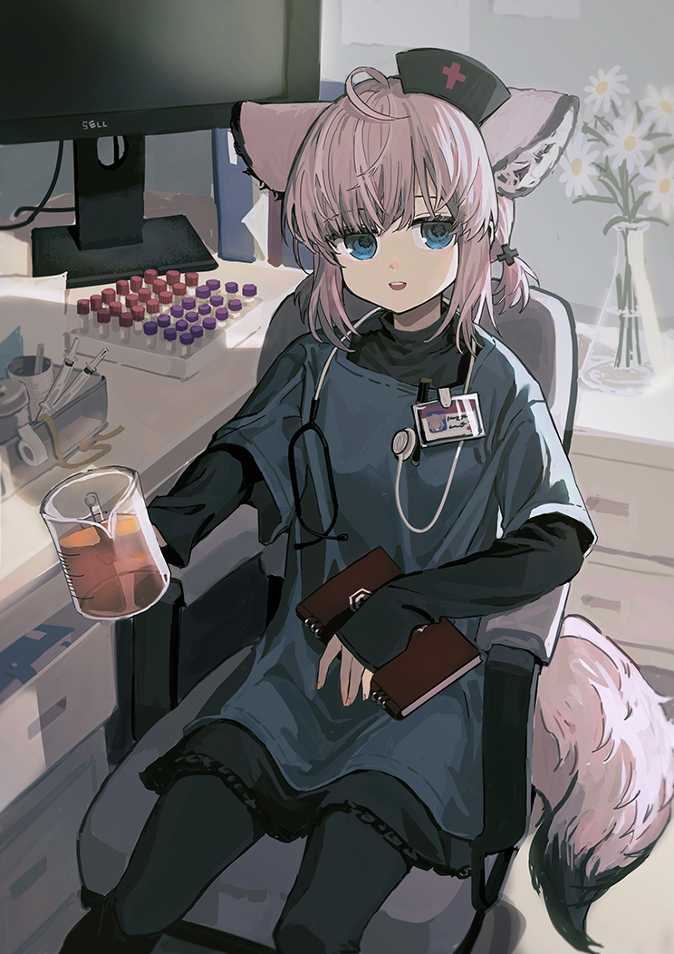 1girl animal_ears arknights blue_eyes chair chinese_commentary commentary_request cross feet_out_of_frame flower fox_ears fox_tail hat holding holding_notebook holding_test_tube id_card long_sleeves looking_at_viewer medical_scrubs monitor notebook nurse_cap office_chair parted_lips pink_hair red_(girllove) red_cross short_hair sitting sleeves_past_wrists smile solo stethoscope sussurro_(arknights) tail test_tube vase white_flower