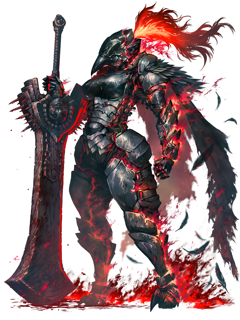 1girl arm_armor armor black_feathers blood blood_on_clothes breastplate breasts dairoku_ryouhei feathers fire full_armor full_body gauntlets helm helmet hetza_(hellshock) holding holding_weapon large_breasts leg_armor oversized_object plume red_fire red_theme shoulder_armor solo sword transparent_background weapon