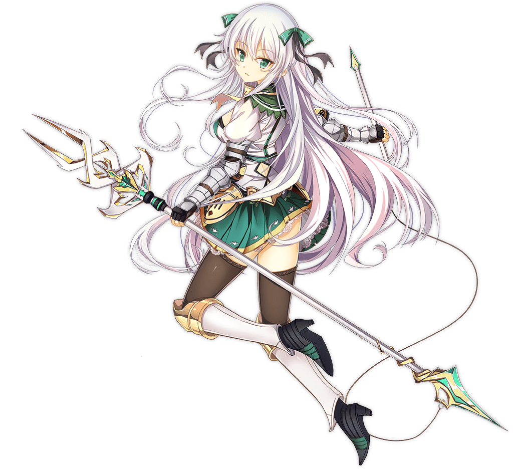 1girl ark_order armor bangs black_gloves black_legwear boots bow brunhild_(ark_order) dual_wielding fingerless_gloves full_body gloves gold_trim green_bow green_eyes green_skirt hair_bow high_heel_boots high_heels holding holding_polearm holding_weapon jianren juliet_sleeves lace-trimmed_skirt lace_trim lance long_hair long_sleeves official_art pleated_skirt polearm puffy_sleeves shirt sidelocks skirt solo tachi-e thigh-highs transparent_background very_long_hair weapon white_hair white_shirt zettai_ryouiki